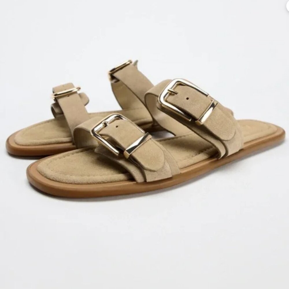 Zara Flat Buckled Sandals Suede Tan
